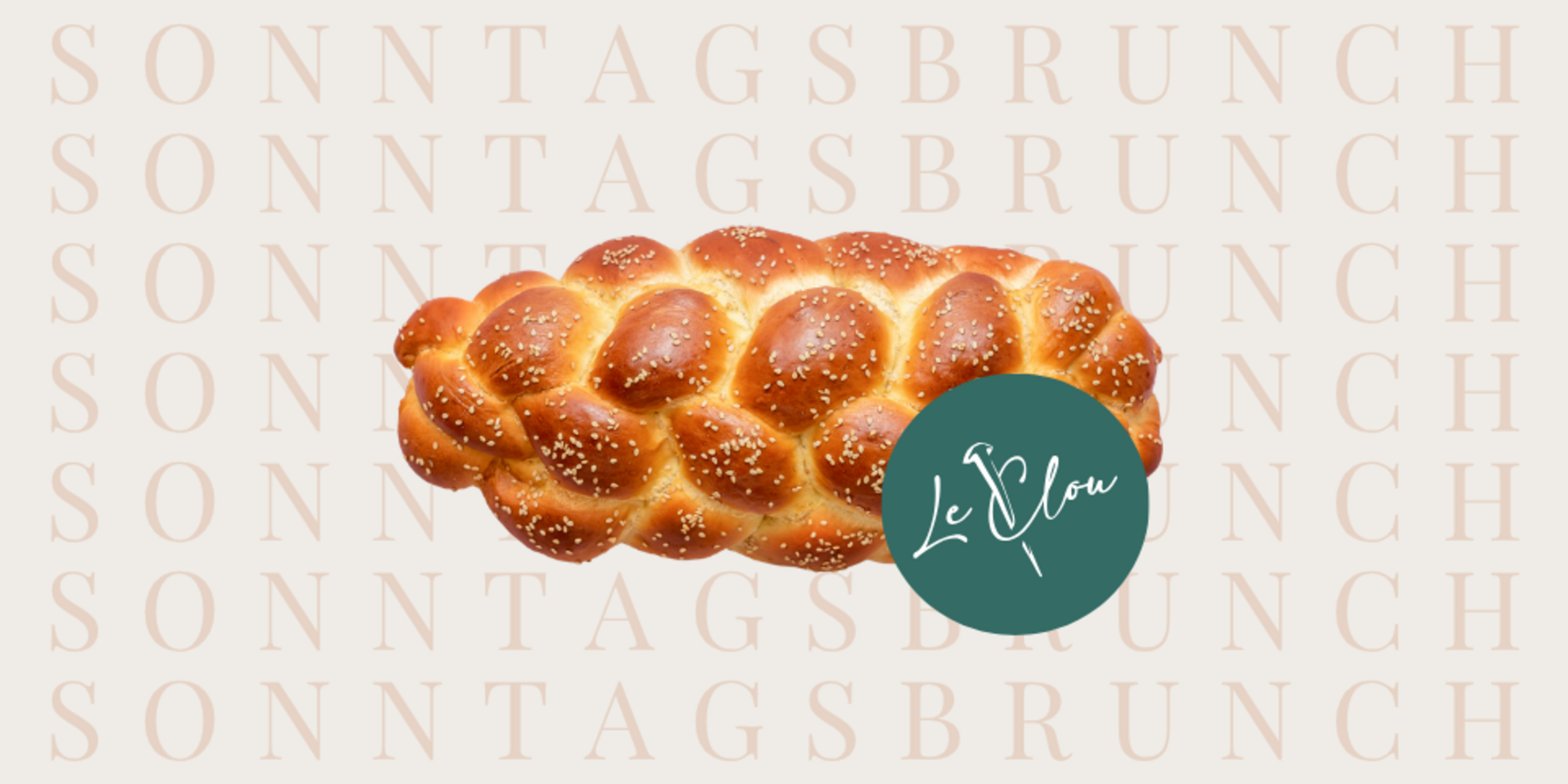 Bild eines gebackenen Zopfs mit der Schrift "Sonntagsbrunch" im Hintergrund